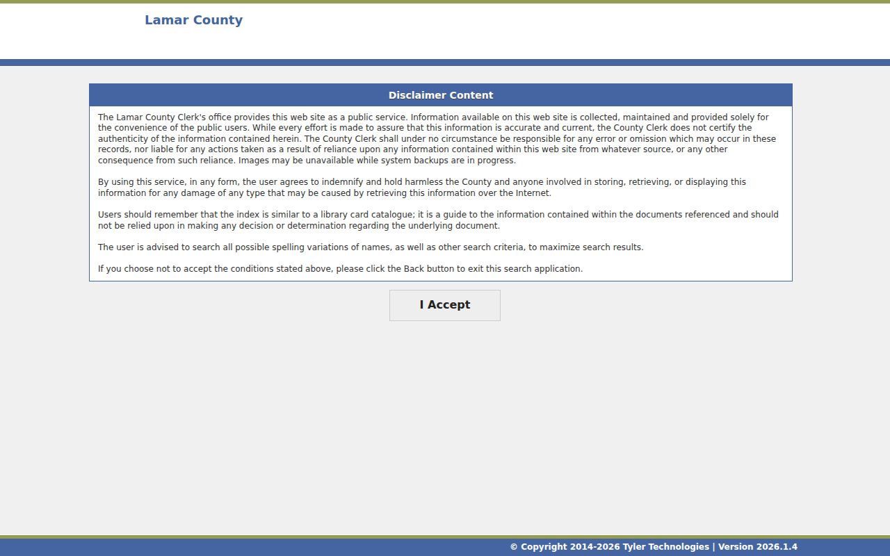 Lamar County docket search index disclaimer