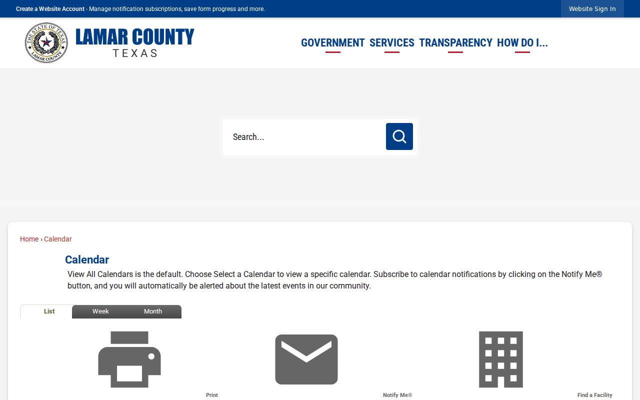 Lamar County public civic calendar controls and month view