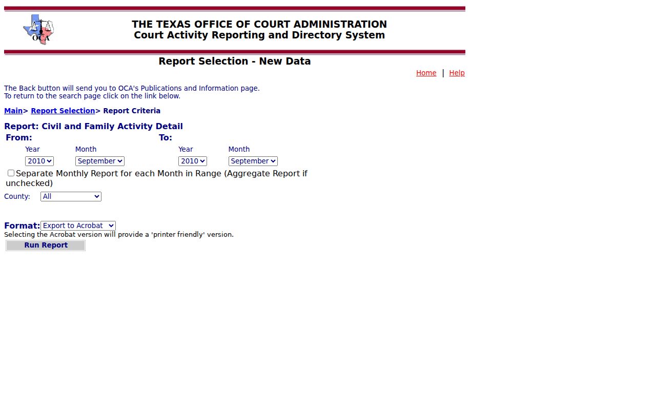 Texas OCA civil and family court activity report filters for Lamar County