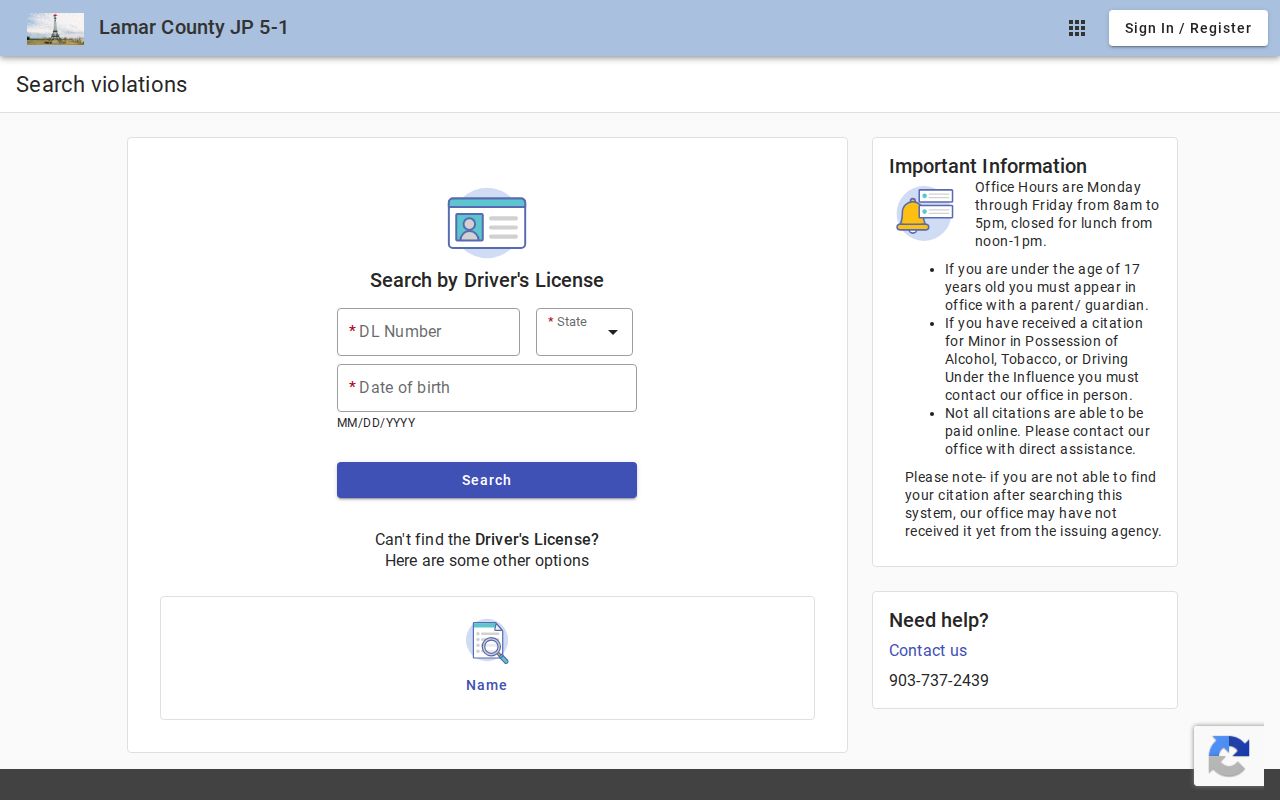 Lamar County traffic court citation and driver license search fields