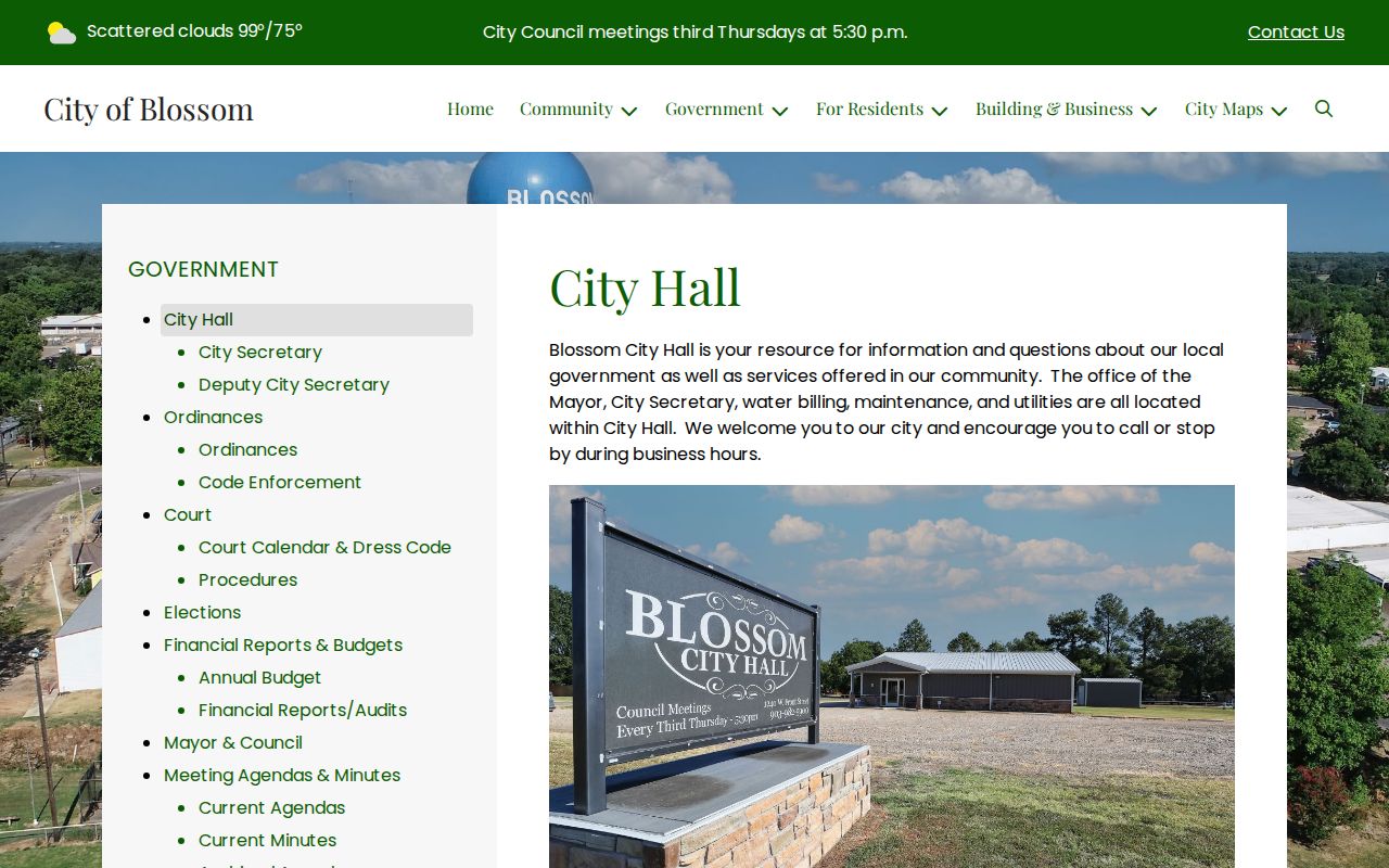 Official Blossom City Hall contact page for the listed court location