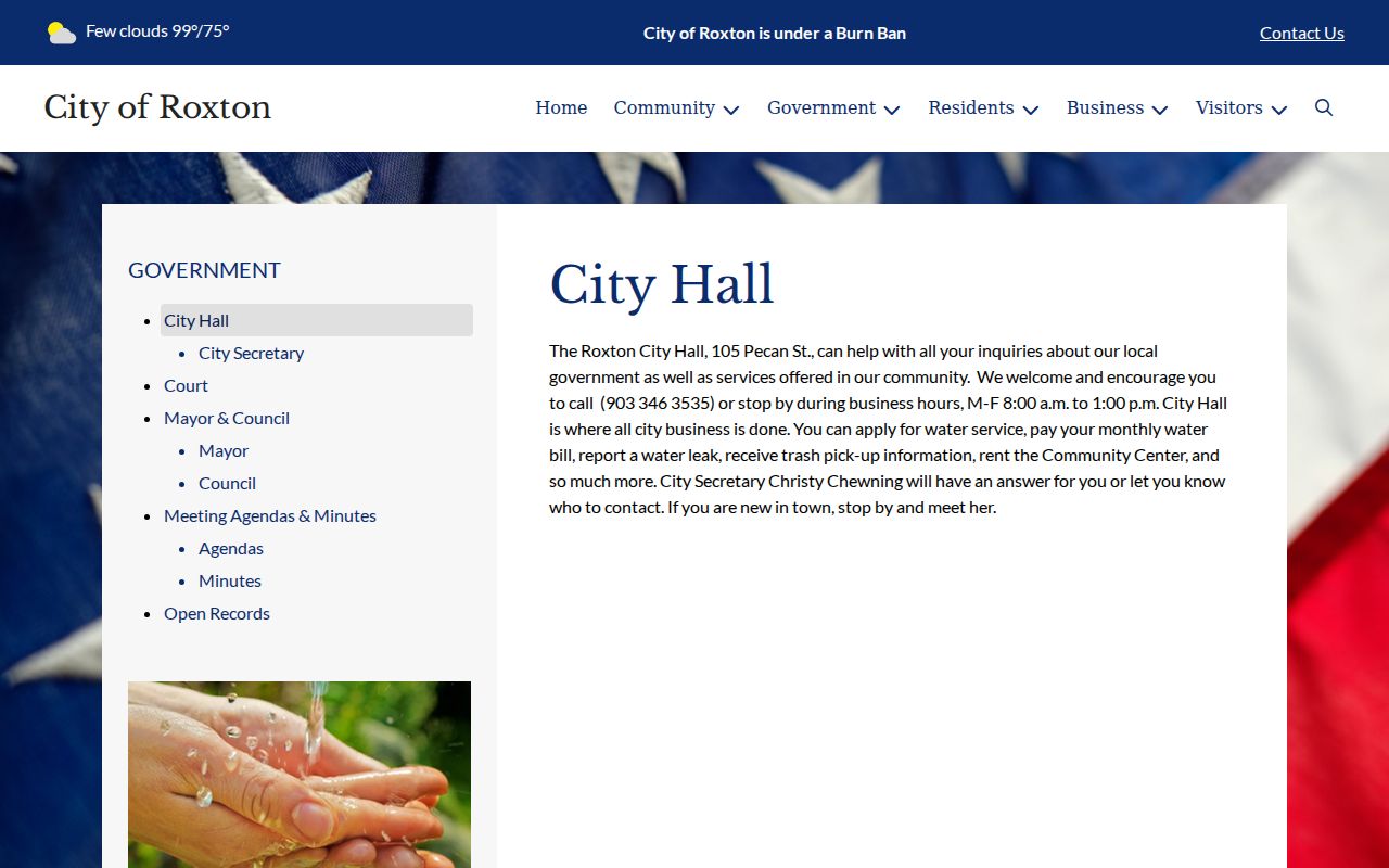 Official Roxton City Hall page with Pecan Street location and hours