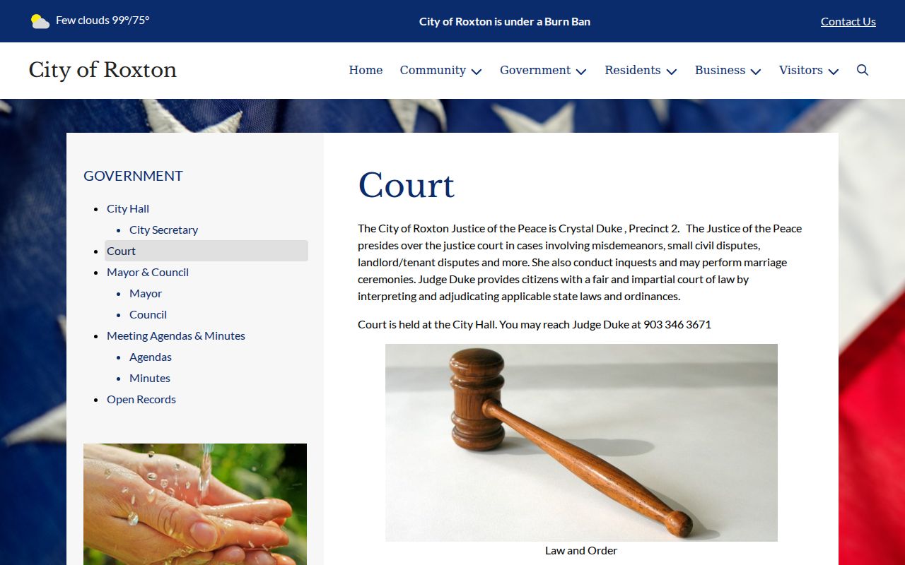 Roxton official court page stating that court is held at City Hall