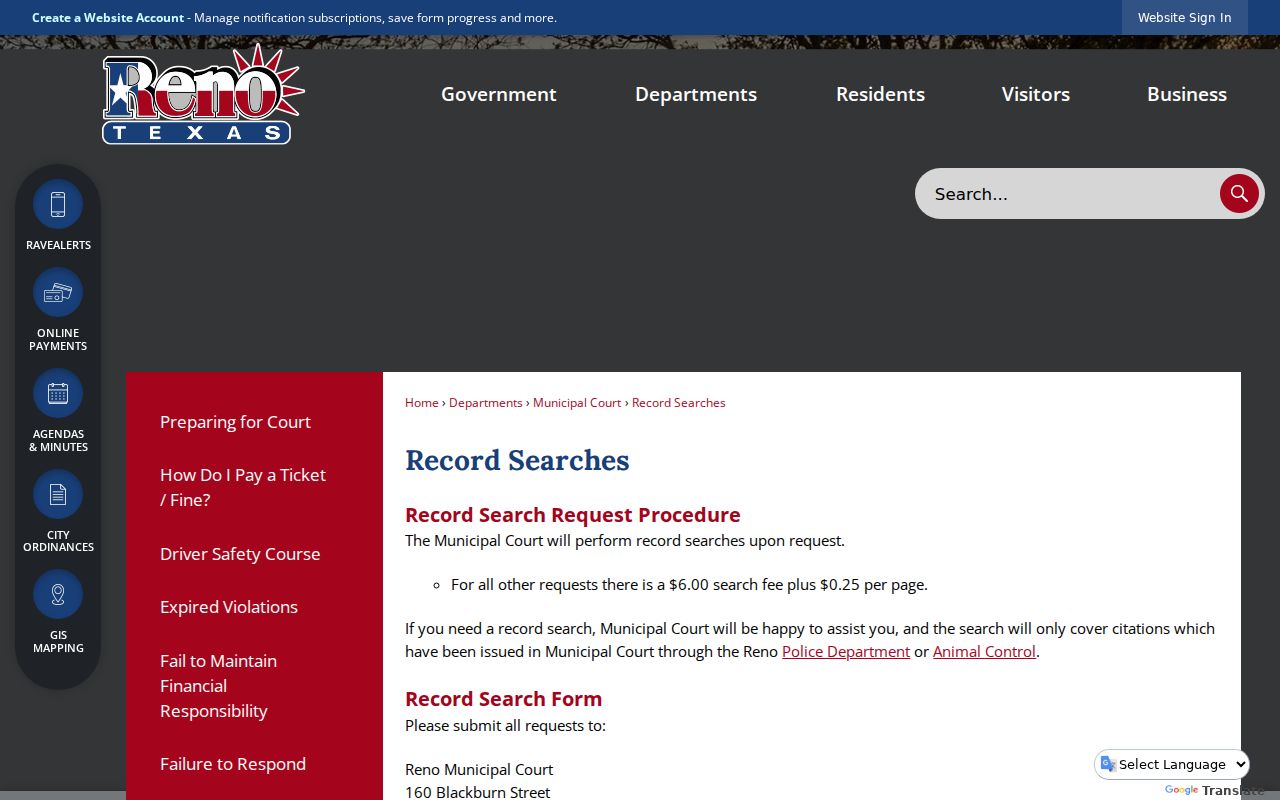 Reno court record search fee and turnaround instructions